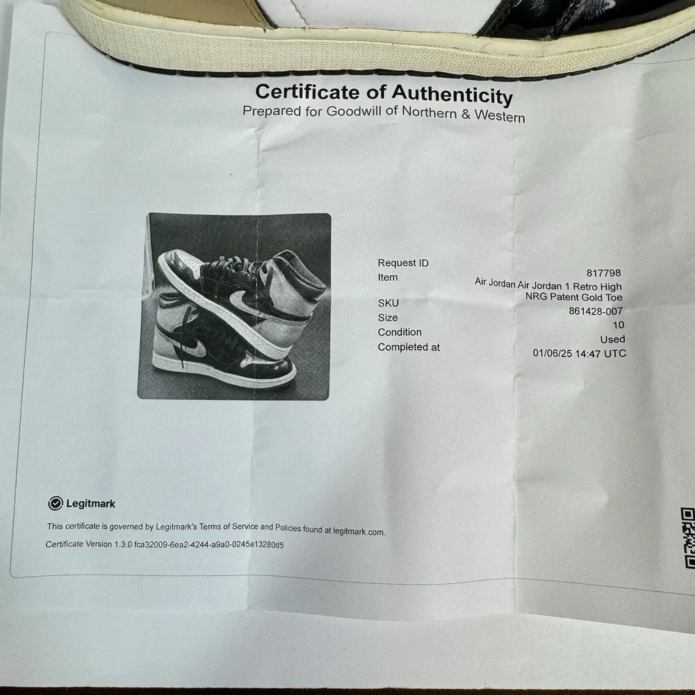 Nike Air Jordan 1‎ Retro High OG NRG Gold Toe With COA 861428-007 Mens Sz 10